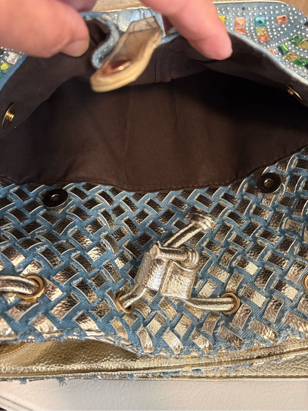 Purse / Backpack Bag Light Blue Denim Gold Rhinestones Pockets Adjustable Straps - Picture 10 of 16